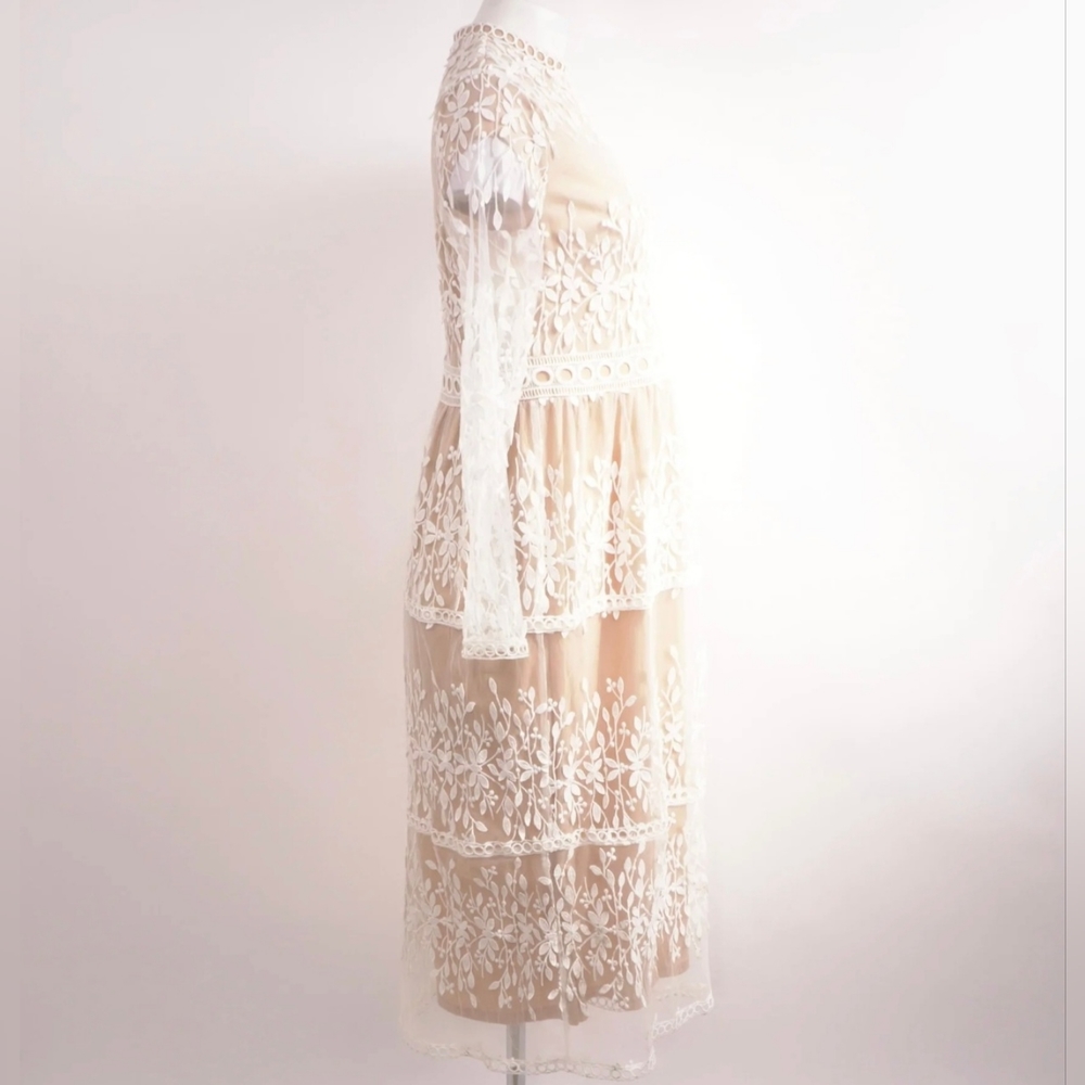 Polagram Cream Lace Embroidered Tiered Midi Dress - Picture 3 of 6